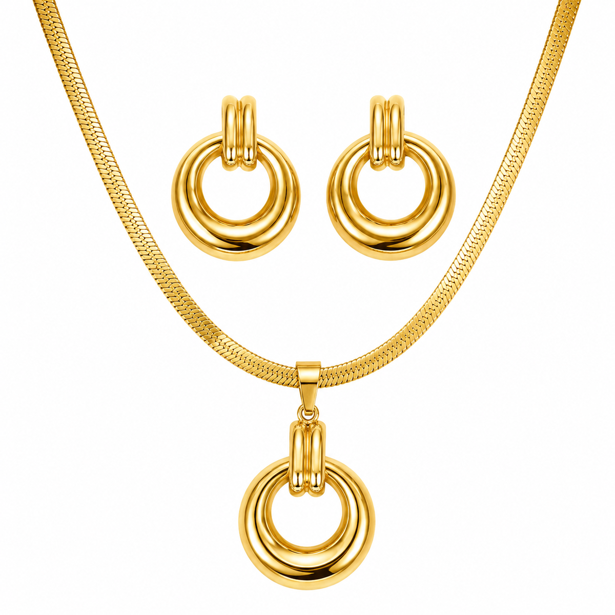18K Gold Plated Double Circle Necklace & Earring Set