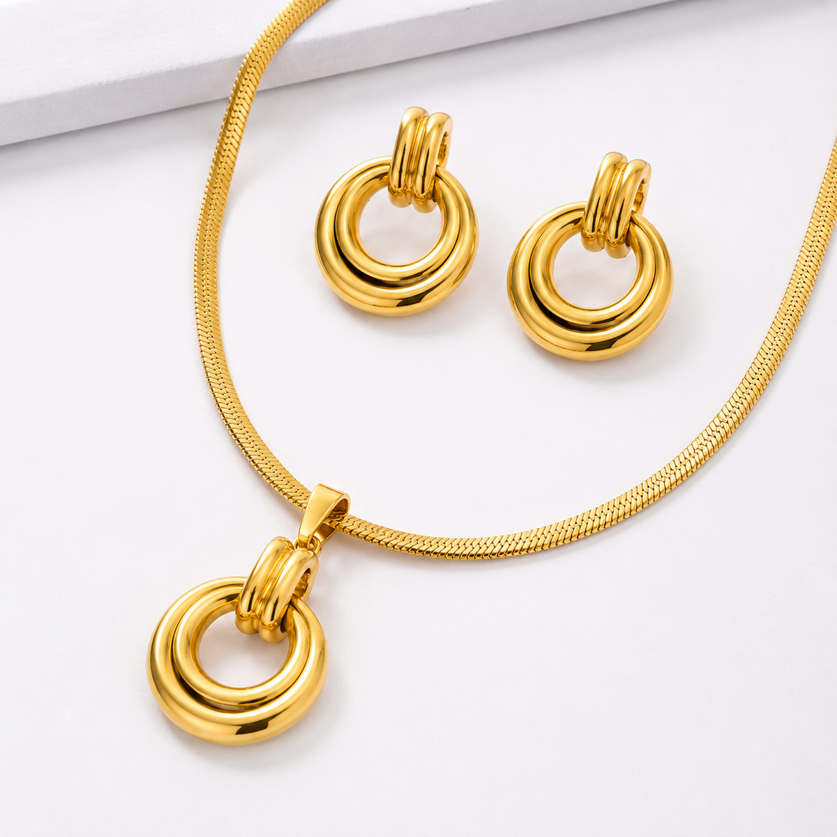 18K Gold Plated Double Circle Necklace & Earring Set