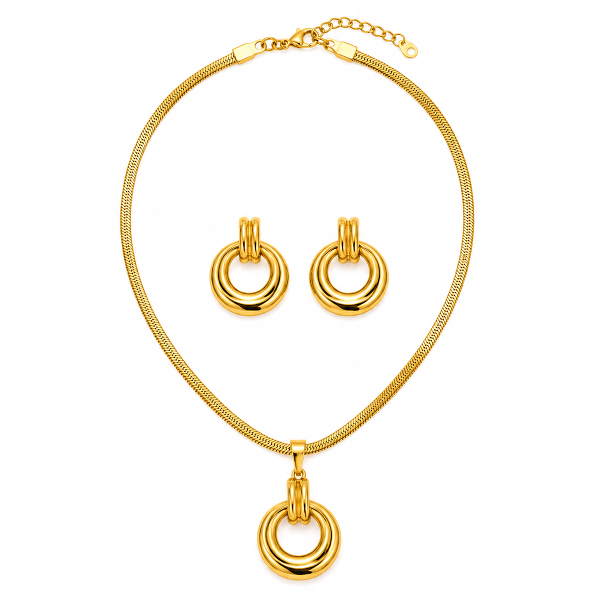 18K Gold Plated Double Circle Necklace & Earring Set