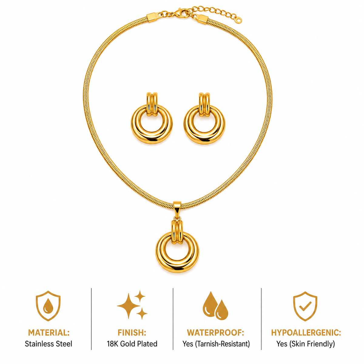 18K Gold Plated Double Circle Necklace & Earring Set
