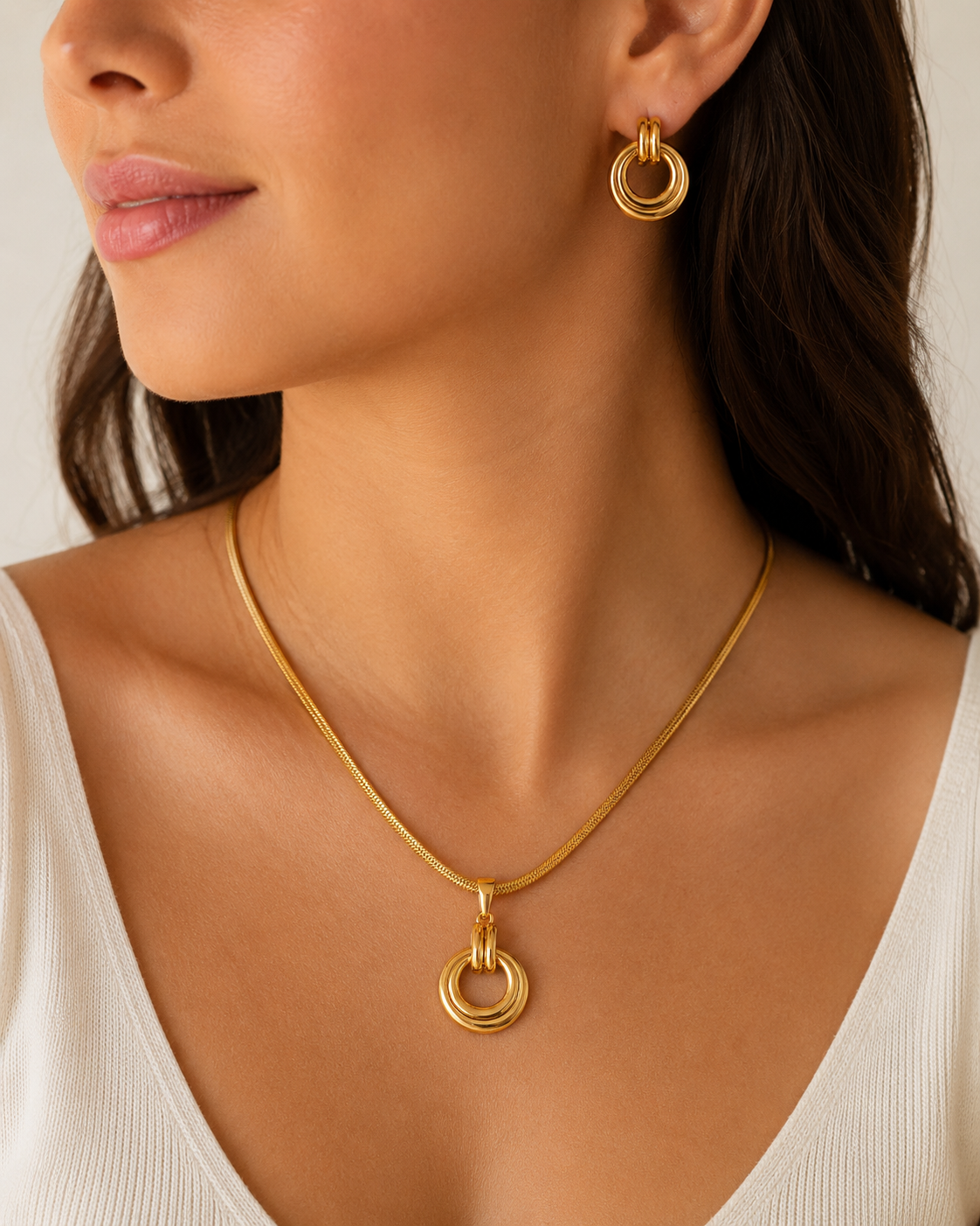18K Gold Plated Double Circle Necklace & Earring Set