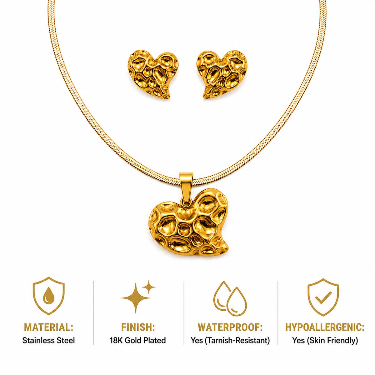 Molten Heart Necklace & Earrings Set – 18K Gold Plated Stainless Steel