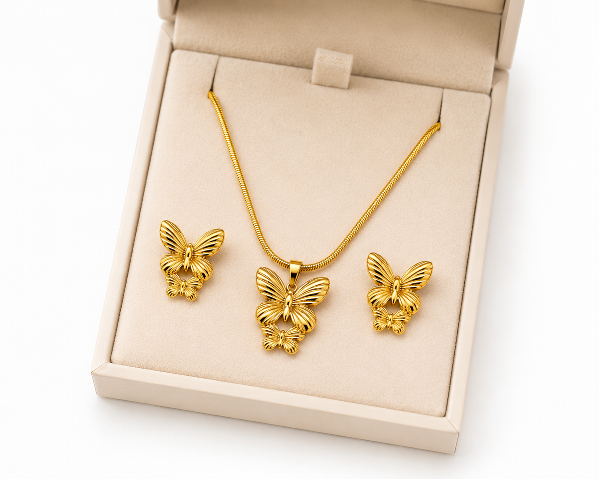 18K Gold Plated Butterfly Necklace & Earring Set