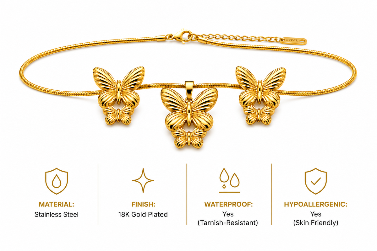 18K Gold Plated Butterfly Necklace & Earring Set